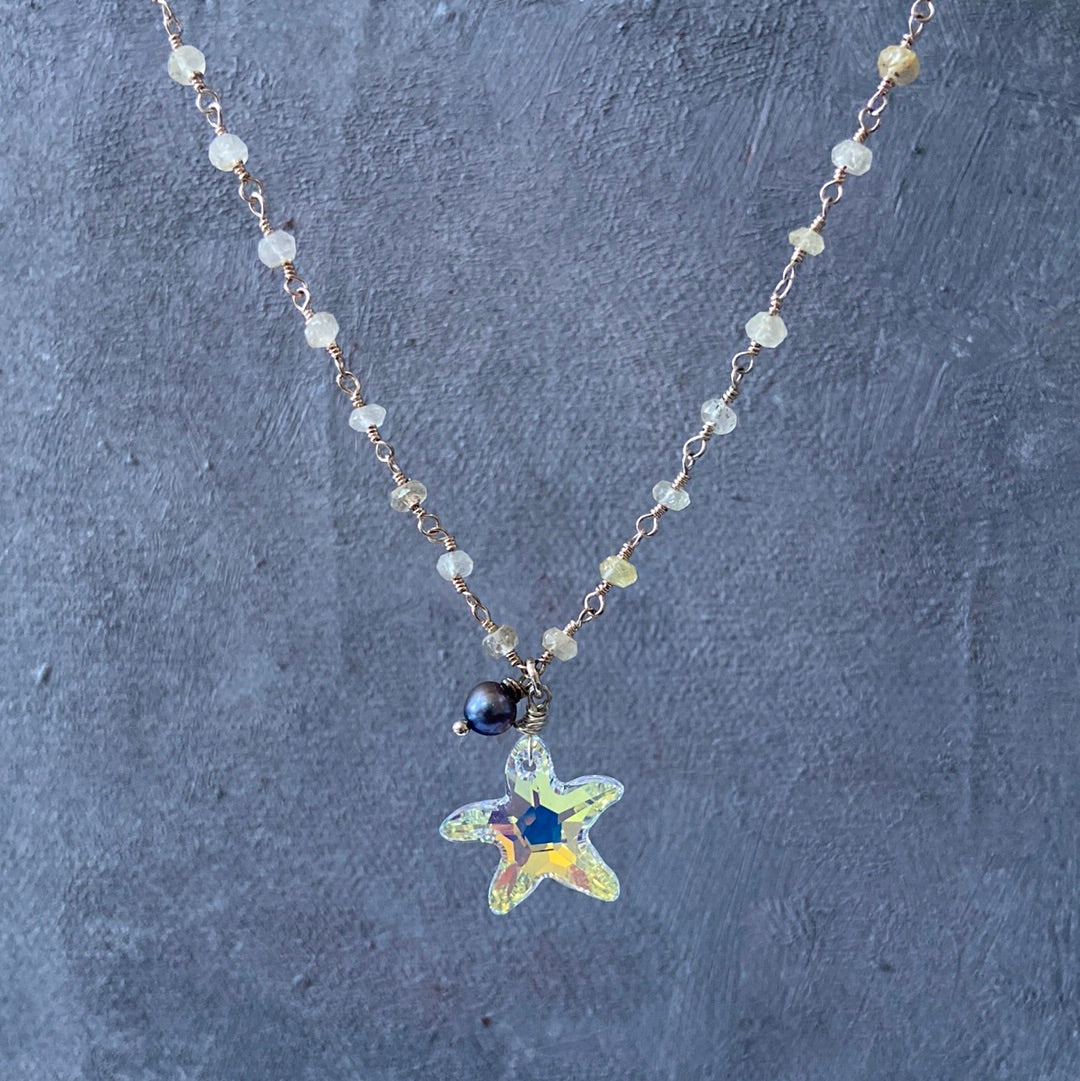 Crystal Starfish, Golden Quartz, Sterling Silver Necklace Regina McGearty