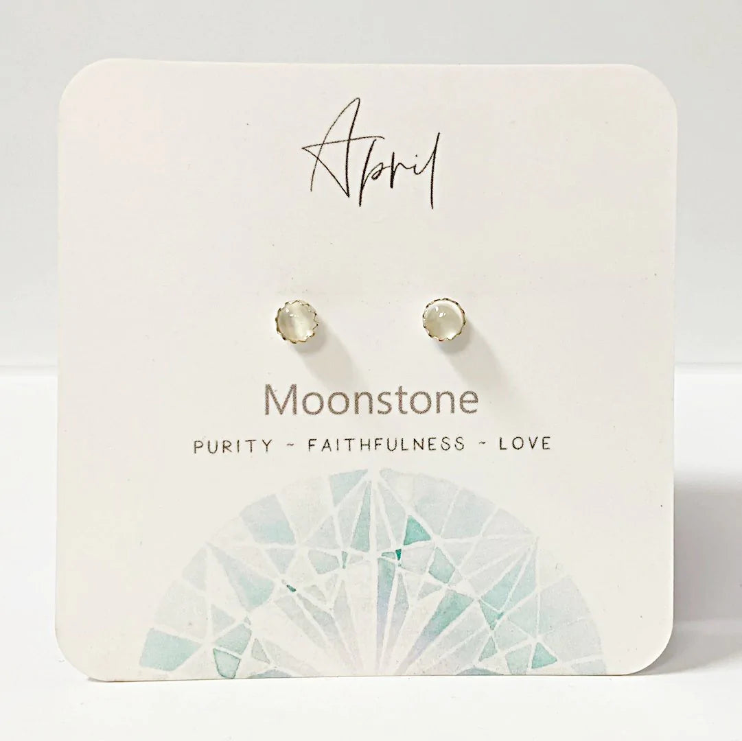 Moonstone Stud Earrings, Birthday Gemstone - April Janine Gerade