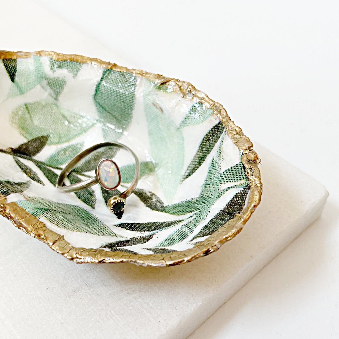 Tropical Leaf Decoupage Oyster Shell Jewelry Dish Ana Razavi