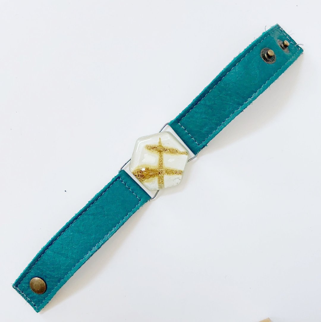 Teal Leather Cuff with White & Gold Recycled Fused Glass - Narrow Carolina Portillo