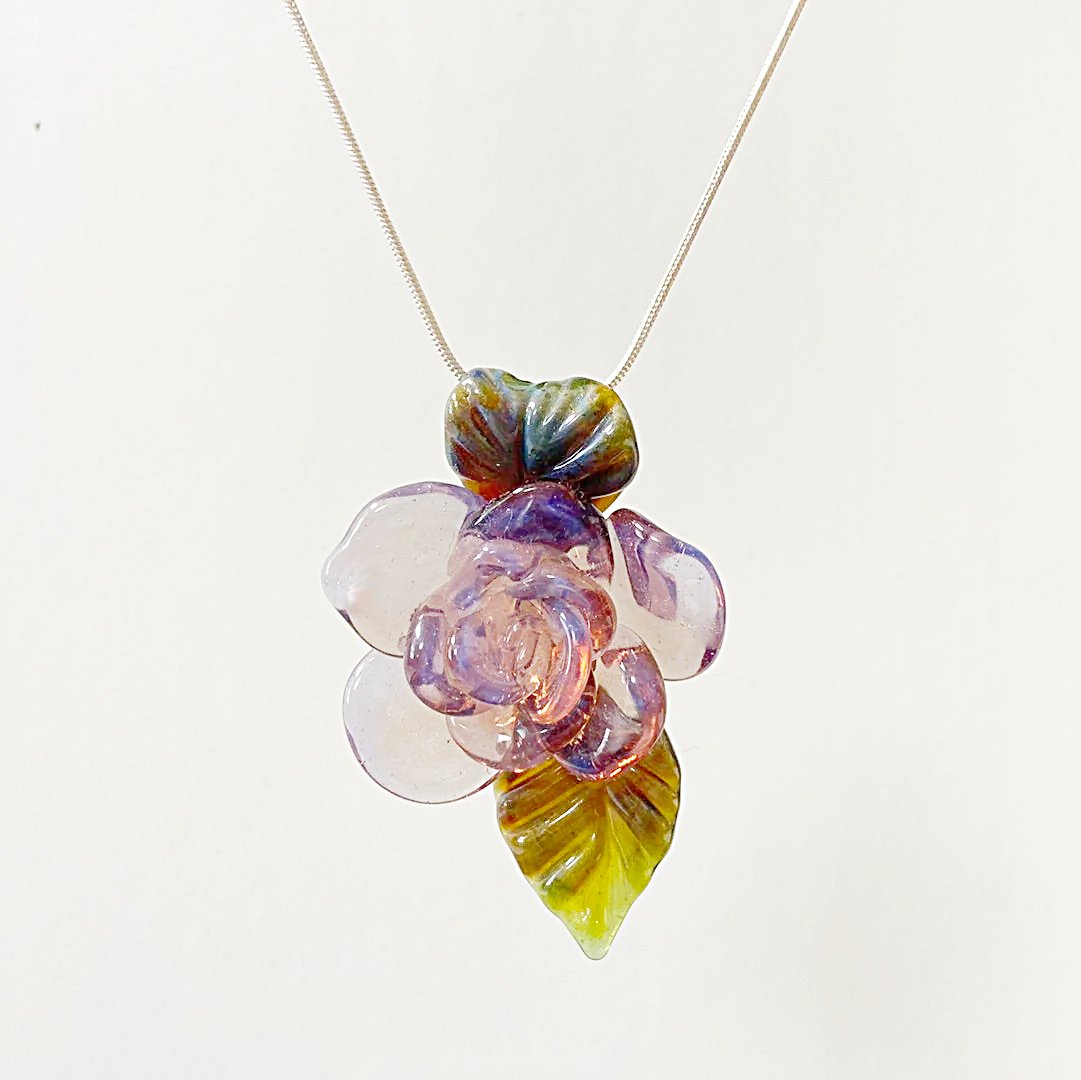Rose Flower Torch Worked Glass with Silver Snake Chain Necklace Christine Mathews