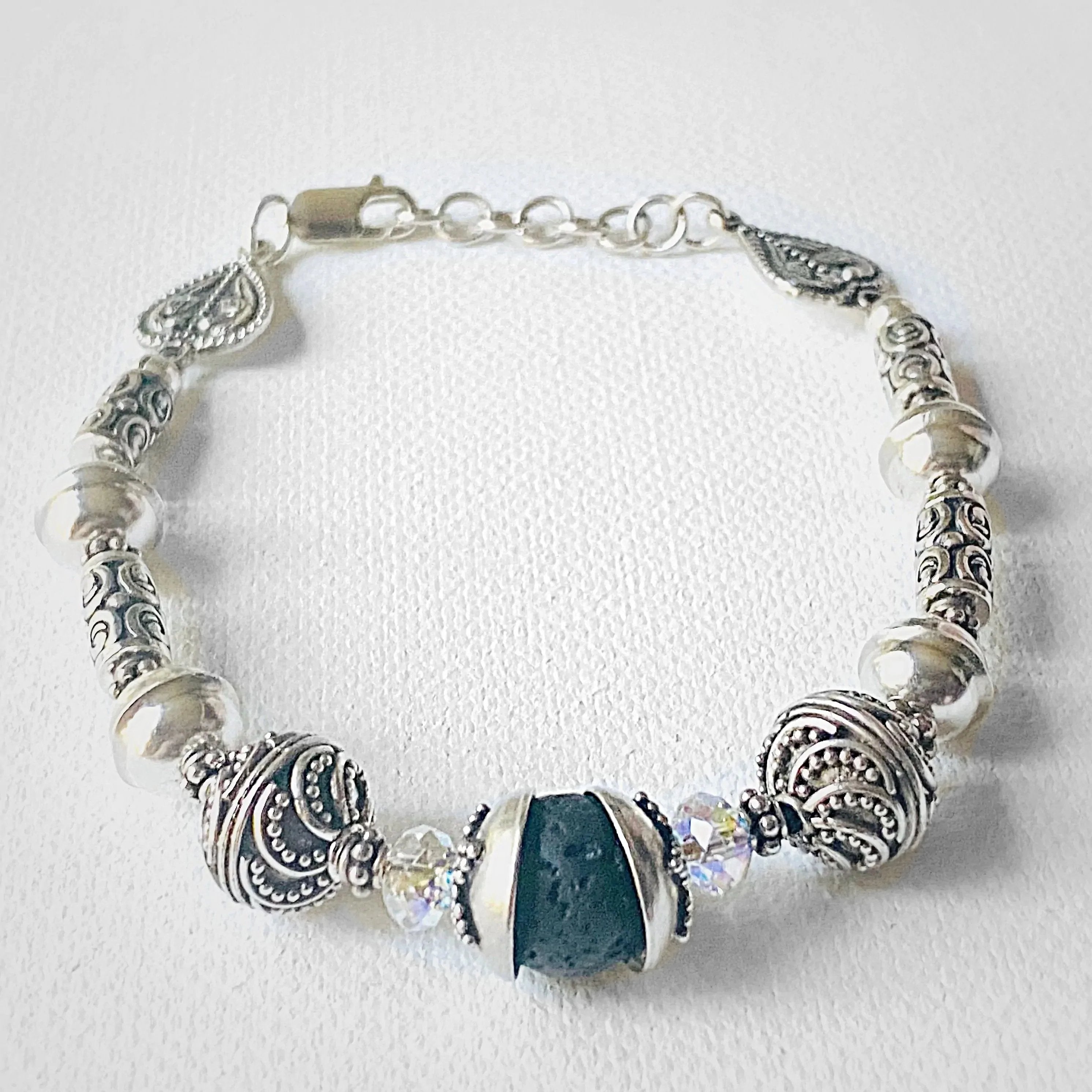 Bali Silver Bracelet Lava Stone and High End Crystal Bracelet Janine Gerade