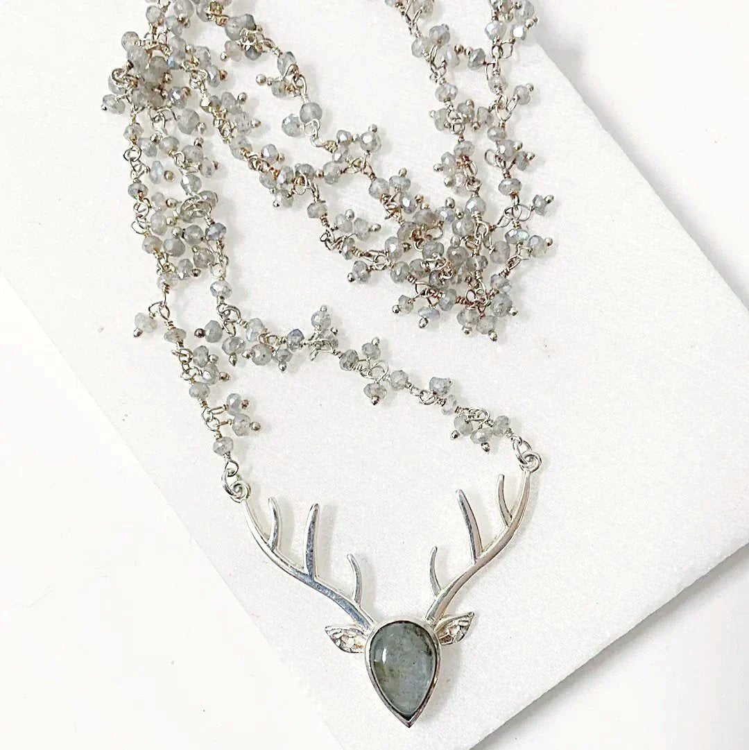 Labradorite Dear Head with Labradorite Cluster Sterling Silver Chain Necklace Regina McGearty