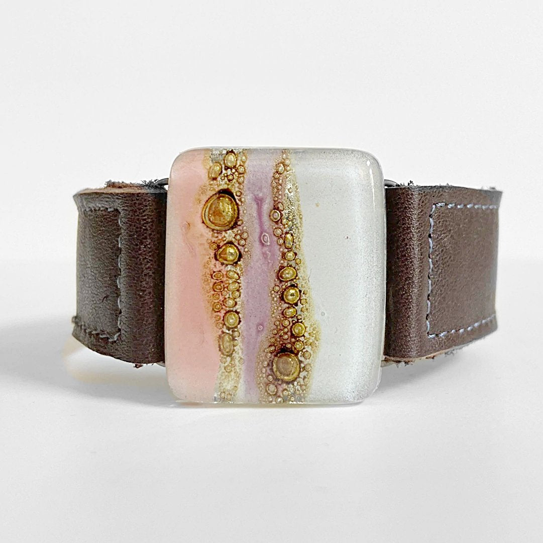 Brown Leather Cuff with Recycled Fused Glass - Narrow Carolina Portillo