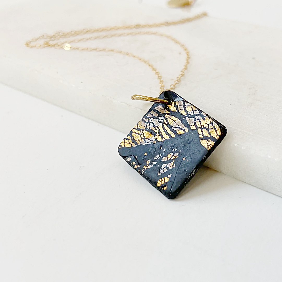 Black and Gold Polymer Clay  Pendant Necklace Sandrine Colson
