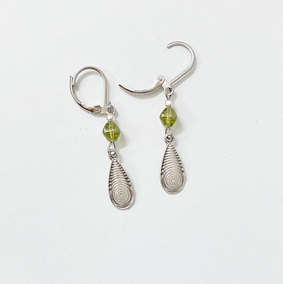 Teardrop Pewter Charm and Green Beads Earrings Kathy James