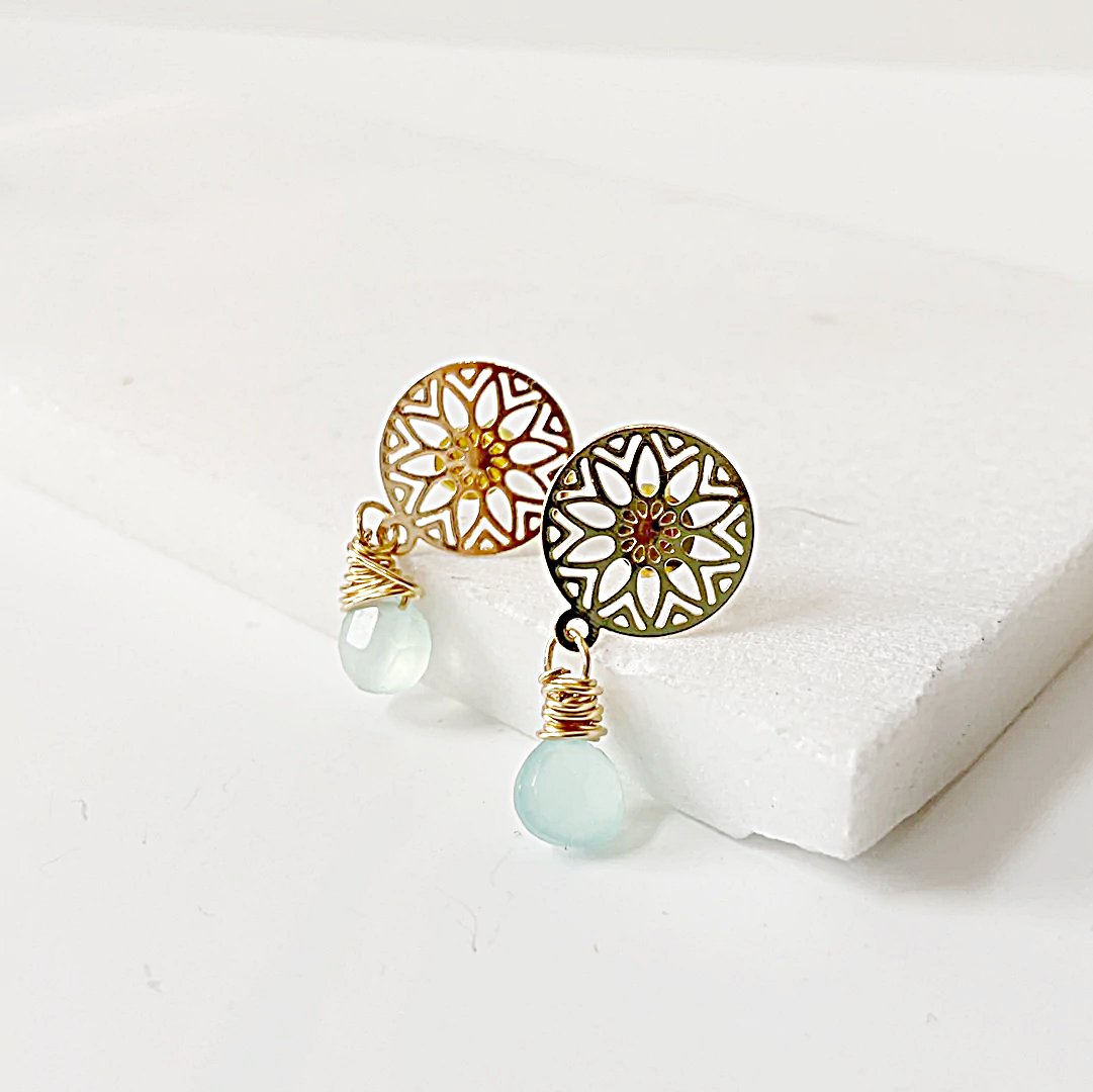 Chalcedony and Medallion Stud Earrings, Gold wrapped Gemstone Earrings, Gold Dangle Earrings Janine Gerade