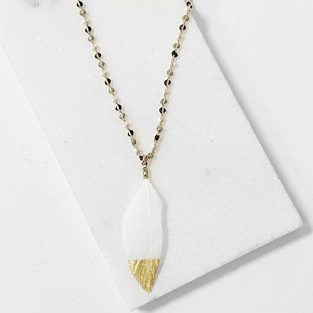 Gold Dipped Feather, Enamel Dot 14K Gold Filled Necklace Regina McGearty