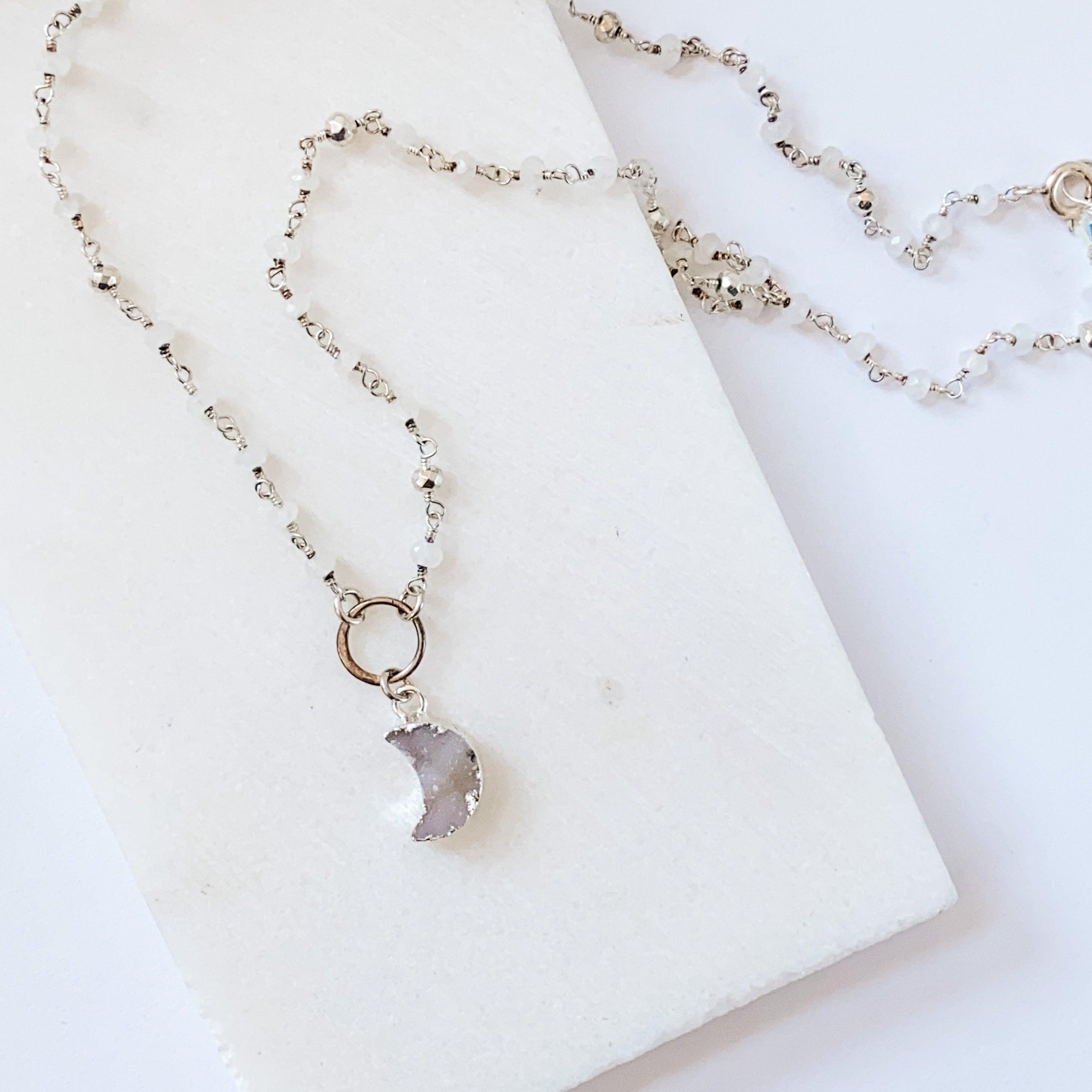 Druzy Quartz Mini Moon and Moonstone with Sterling Silver Circlet Necklace Uni-T Necklace
