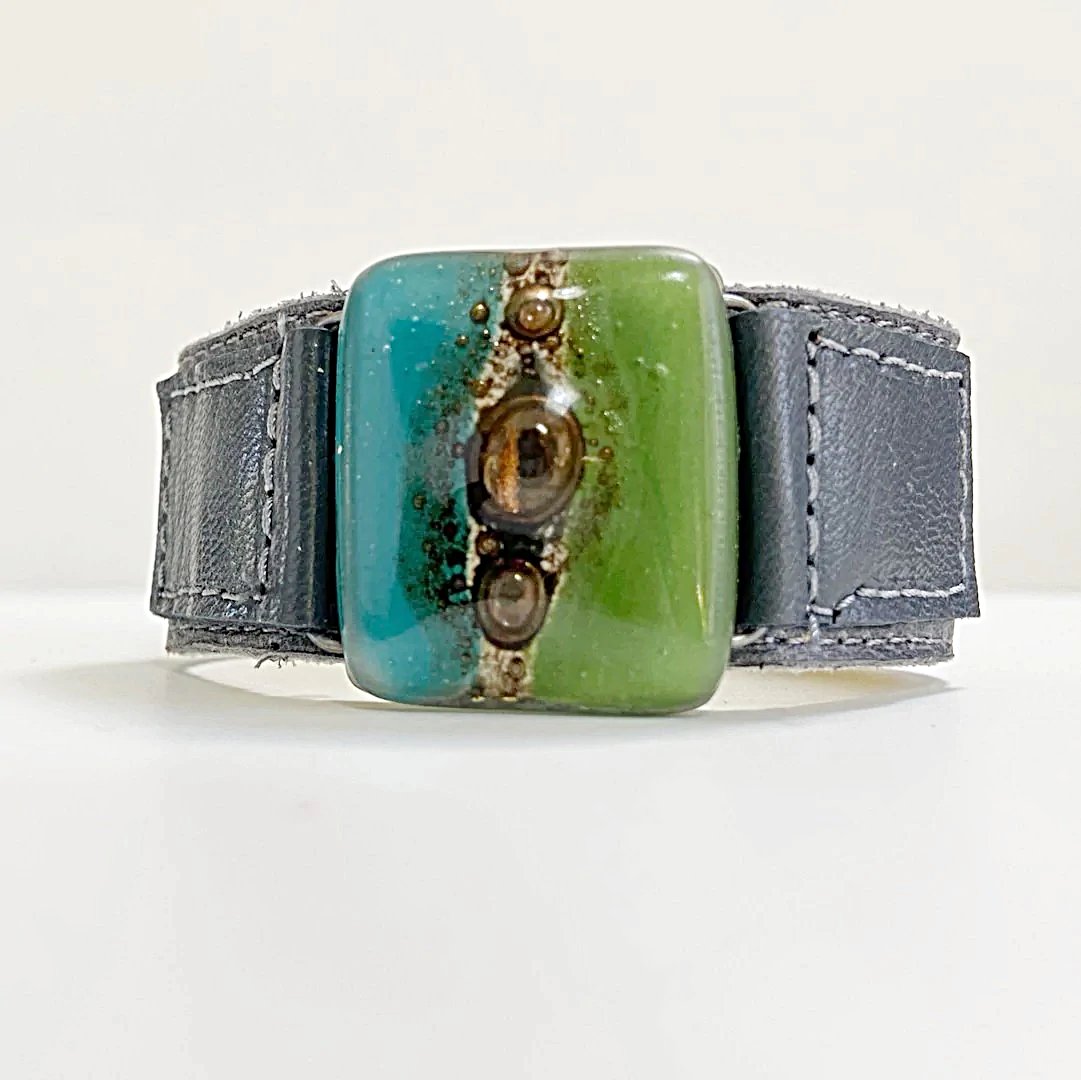 Handmade Leather Cuff with Recycled Fused Glass - Narrow Carolina Portillo