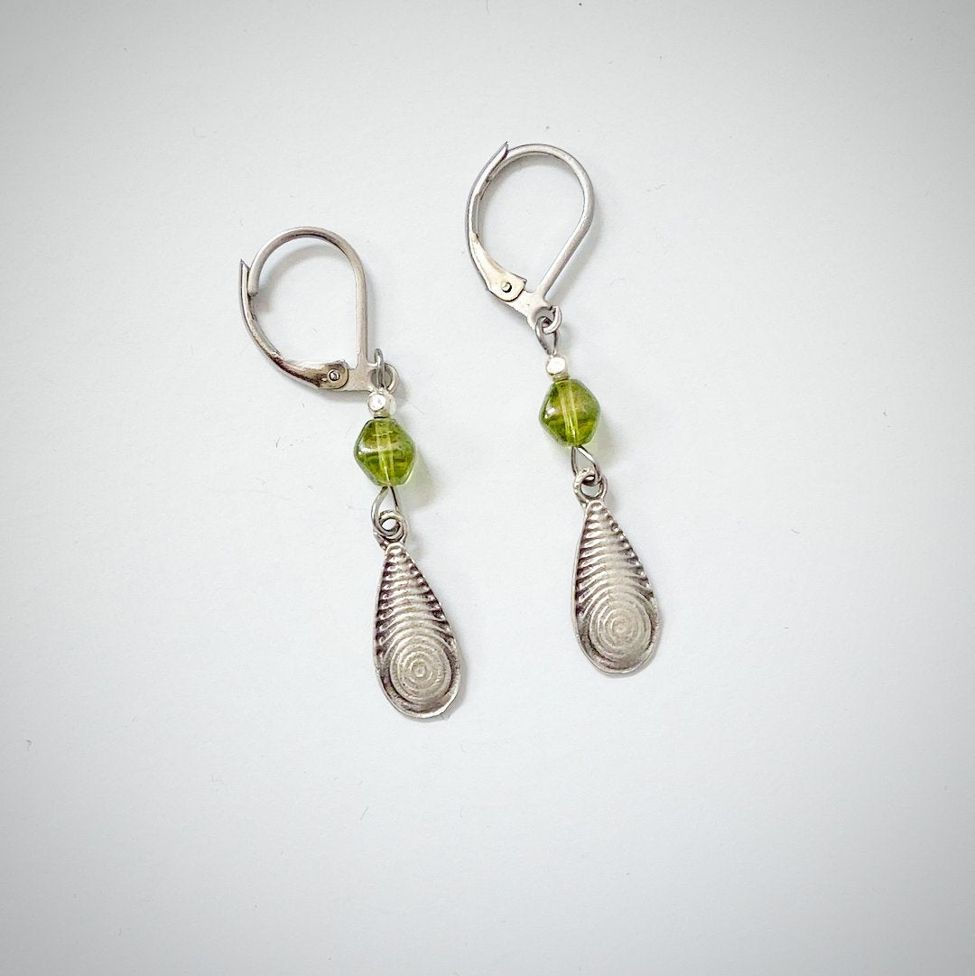 Teardrop Pewter Charm and Green Beads Earrings Kathy James