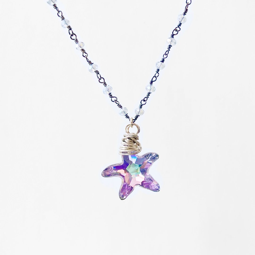 Crystal Starfish, Gray Jade, Sterling Silver Necklace Regina McGearty