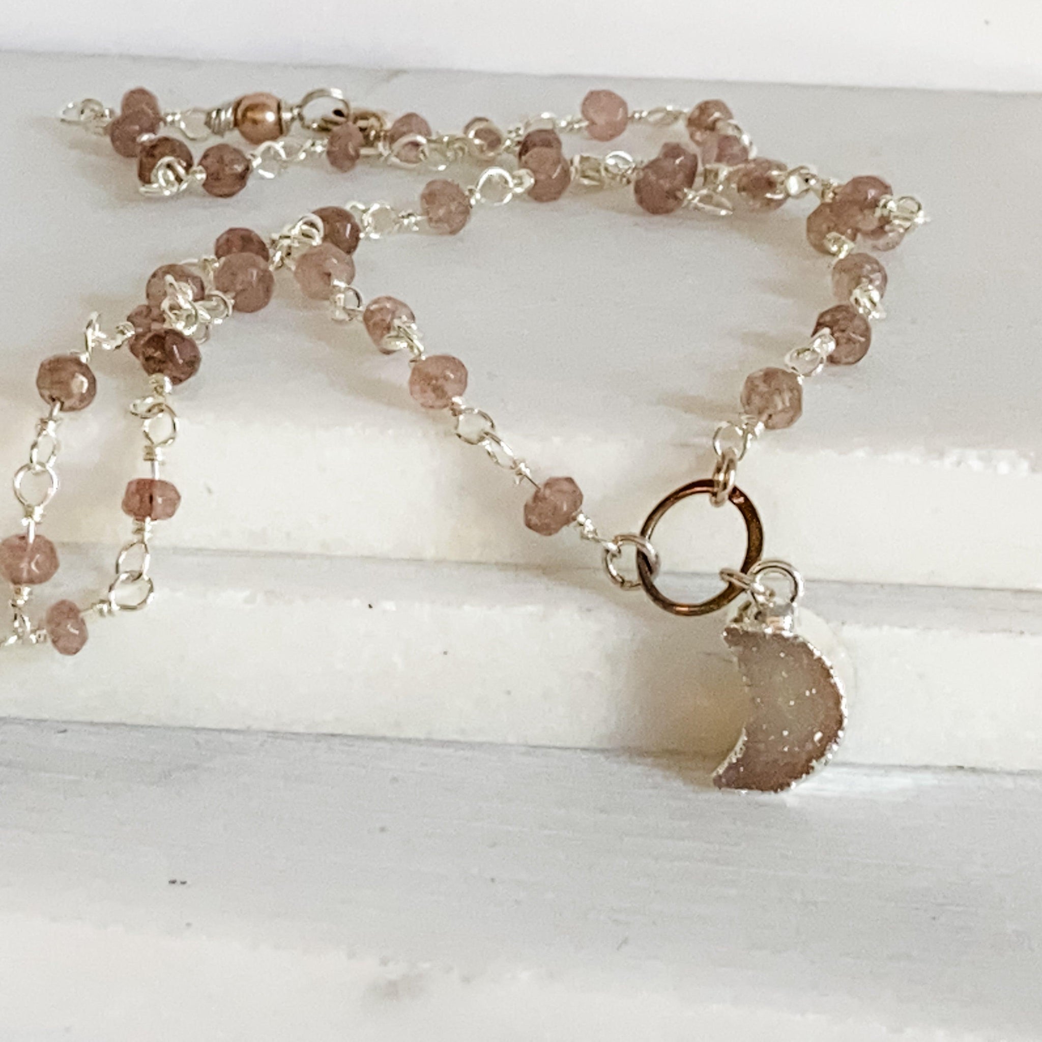 Druzy Quartz Mini Moon and Chocolate Moonstone with Sterling Silver Circlet Necklace Uni-T Necklace