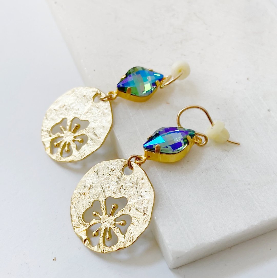 Gold Hibiscus Hammered Disc and Crystal, 14K Gold Filled Earrings Regina McGearty