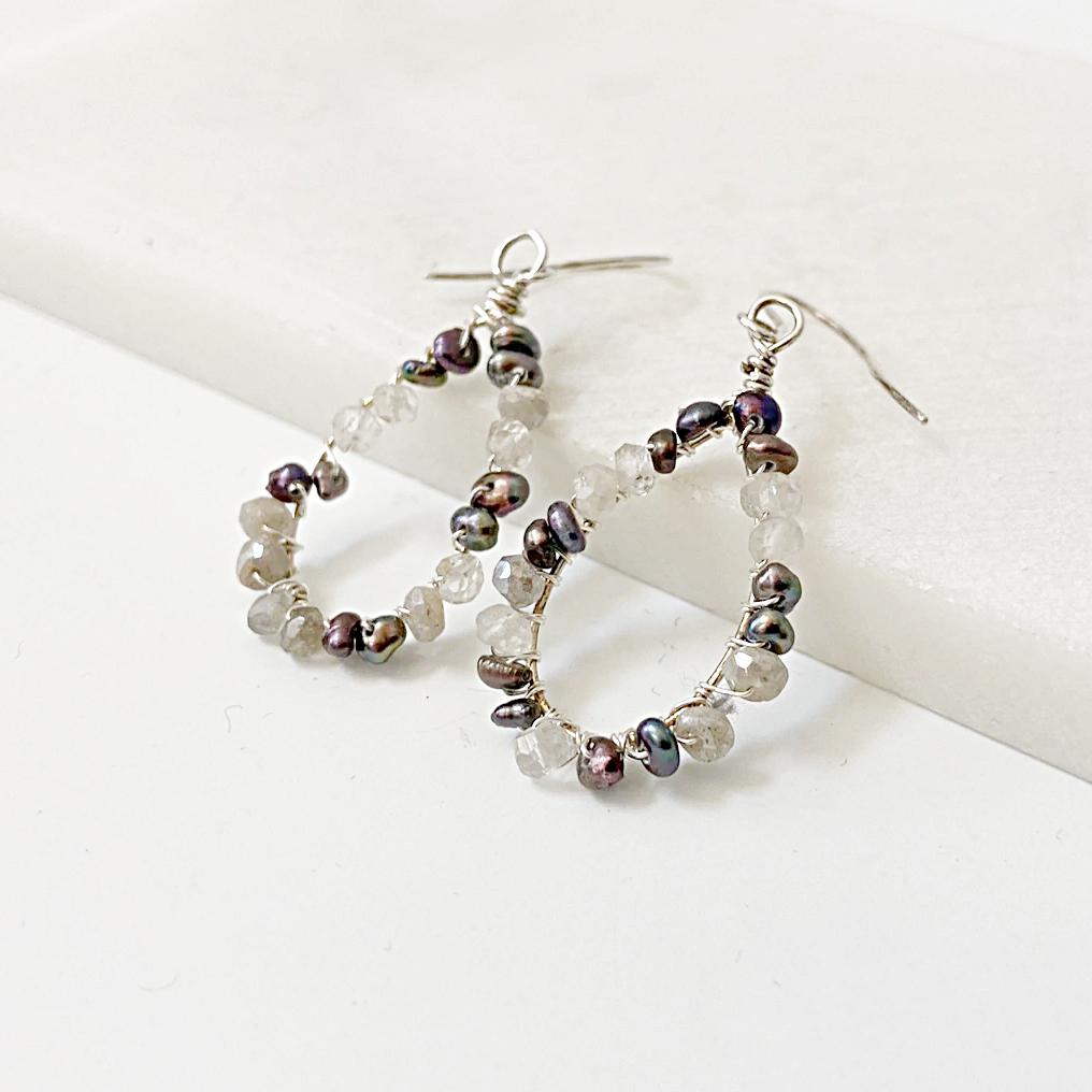 Tiny pearl and Quartz Teardrop Hoop Earrings. Pearl Gemstone Teardrop Earrings Janine Gerade