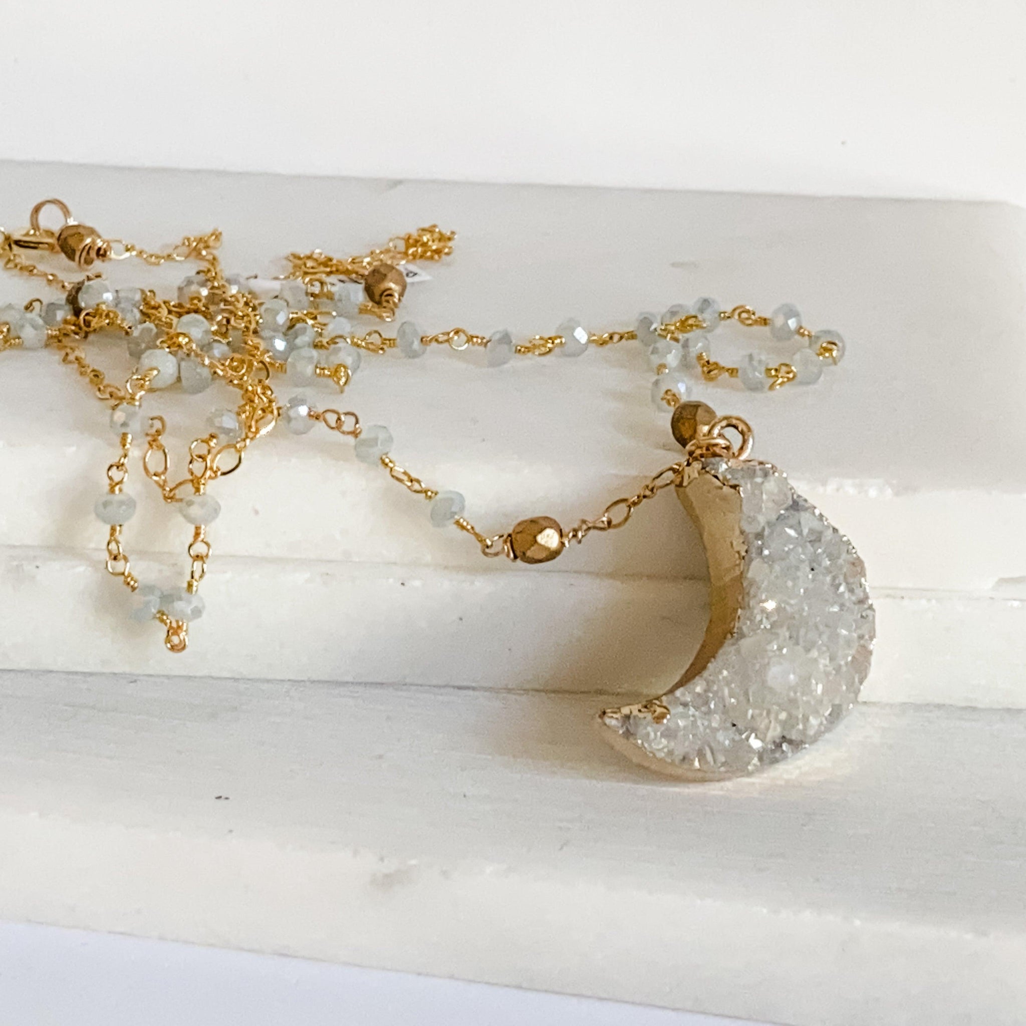Druzy Quartz Natural Moon, Gray Jade and Brass with 14K Gold Filled Necklace Uni-T Necklace