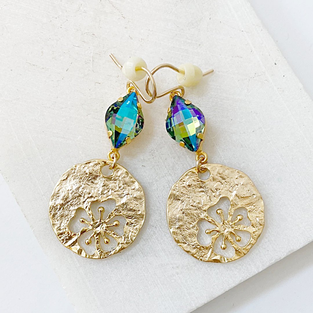 Gold Hibiscus Hammered Disc and Crystal, 14K Gold Filled Earrings Regina McGearty