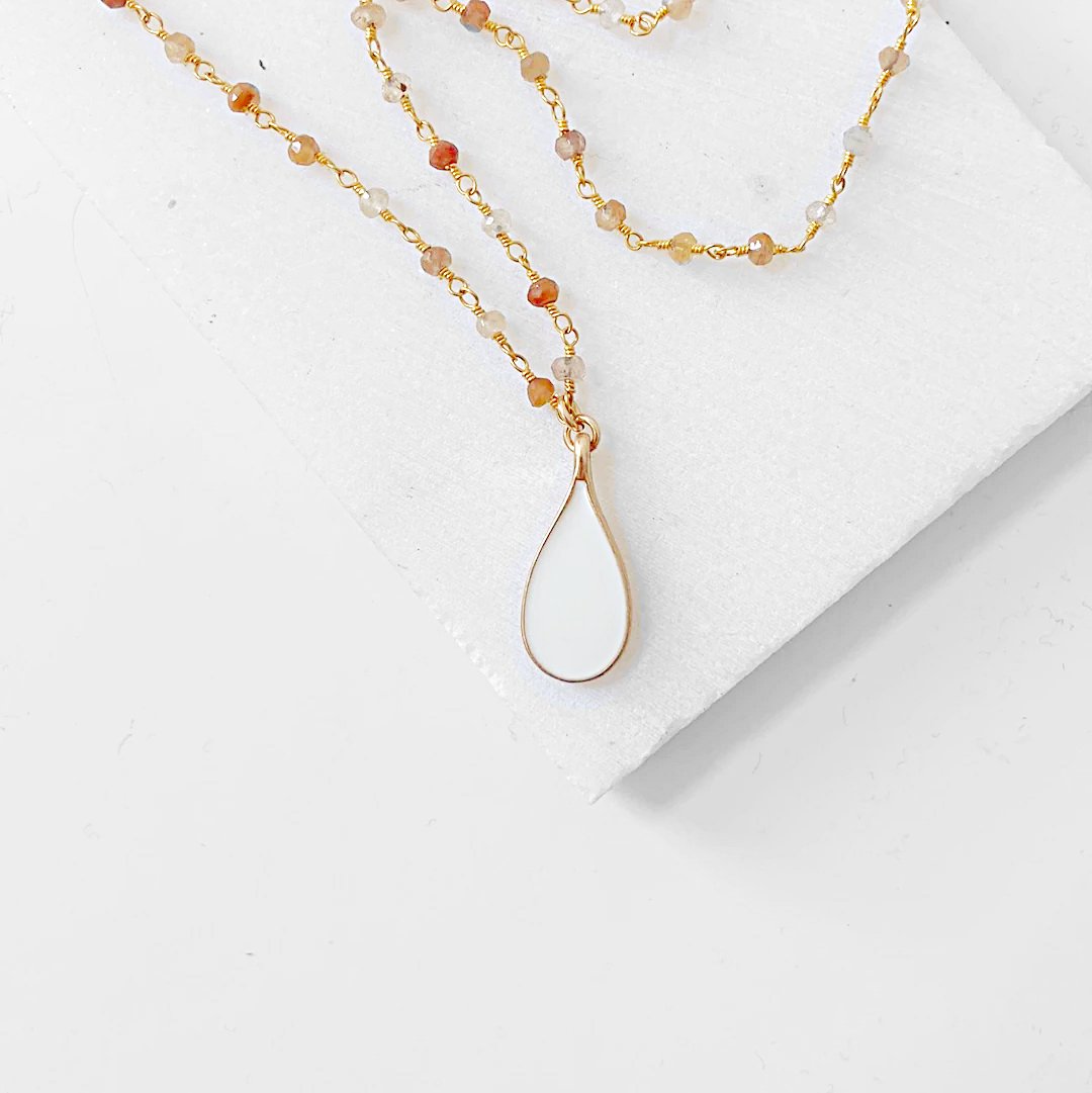 White Enamel Teardrop, Copper Rutile, 14 Gold Filled Necklace Regina McGearty