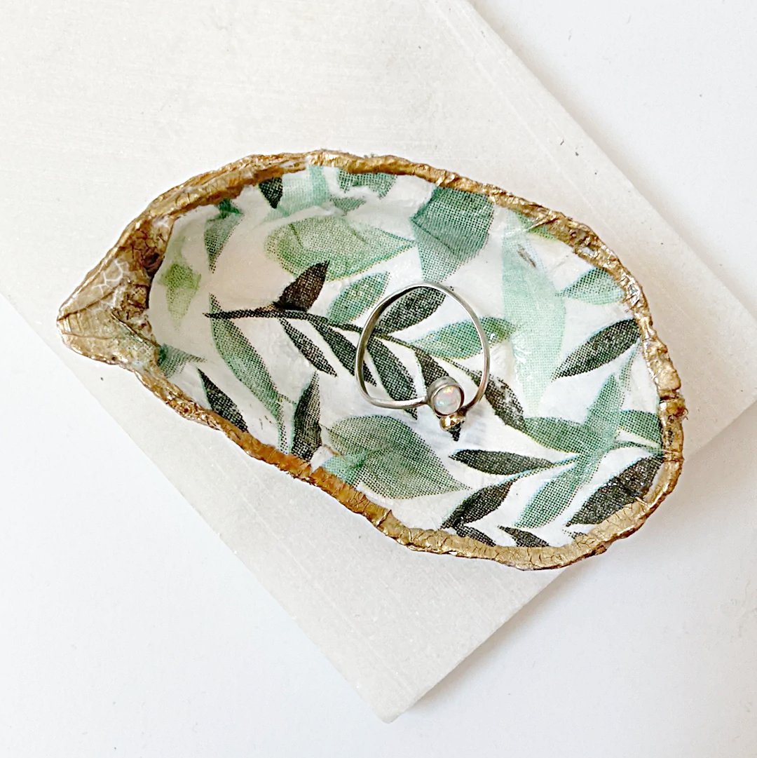 Tropical Leaf Decoupage Oyster Shell Jewelry Dish Ana Razavi