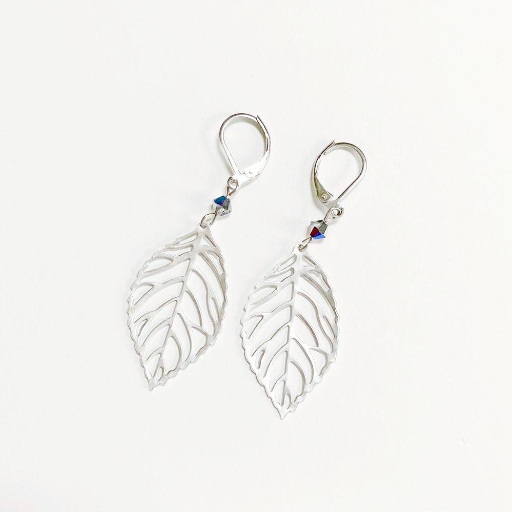 Rhodium Plated Earrings with Surgical Steel Ear Wire - Circles & Leaves Kathy James