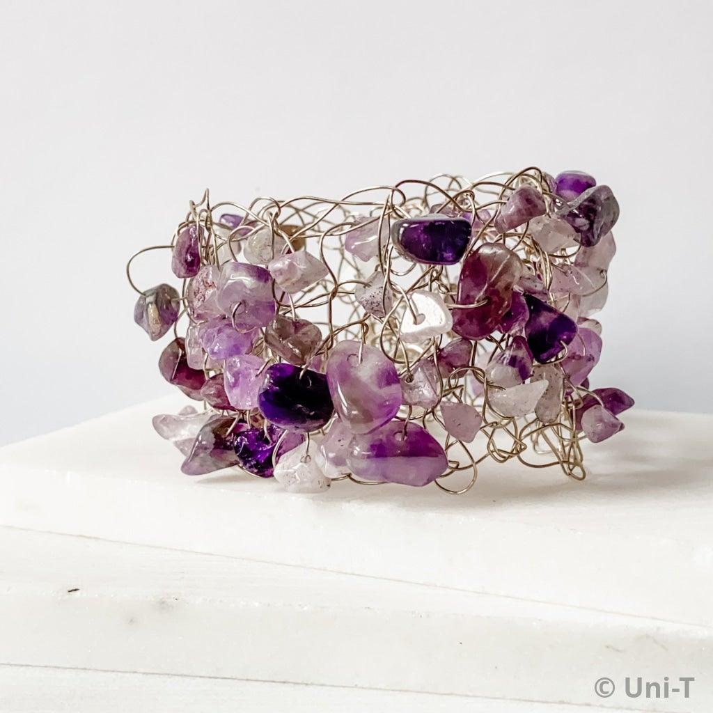Amethyst chips wire crochet sterling silver cuff bracelet Uni-T Bracelets