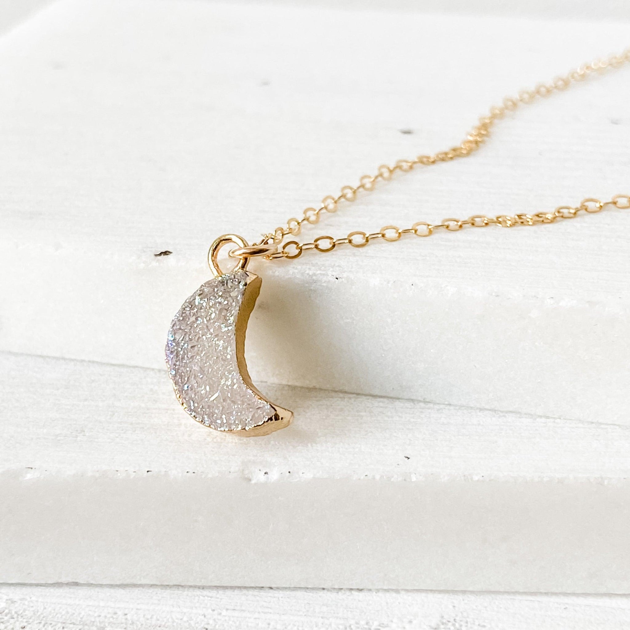 Druzy Quartz Mini Moon Pendant Necklace on 14K Gold Filled Chain Uni-T Necklace