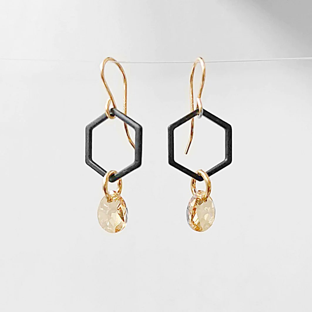 Black Coated Brass Hexagon with Crystals Earrings Regina McGearty