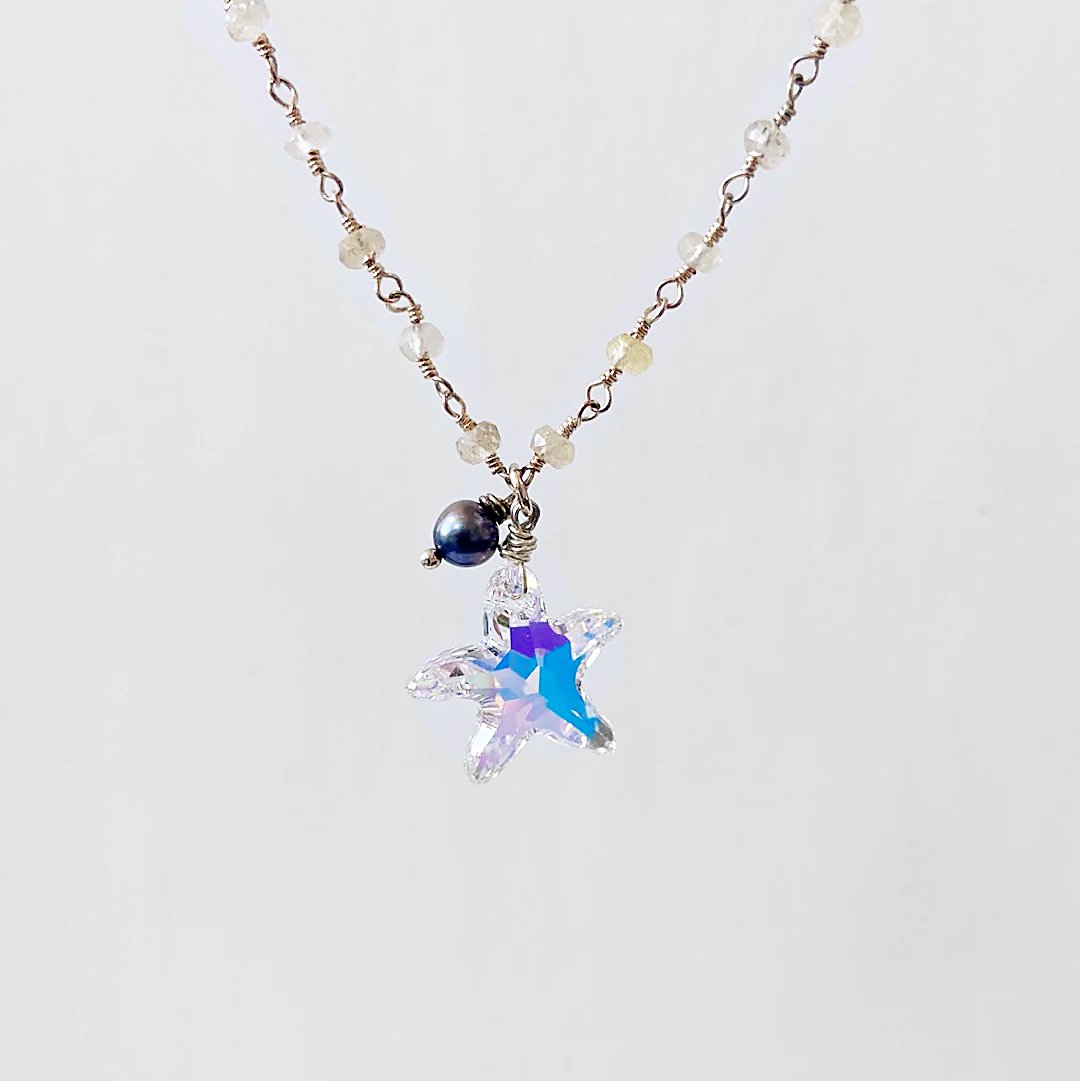 Crystal Starfish, Golden Quartz, Sterling Silver Necklace Regina McGearty