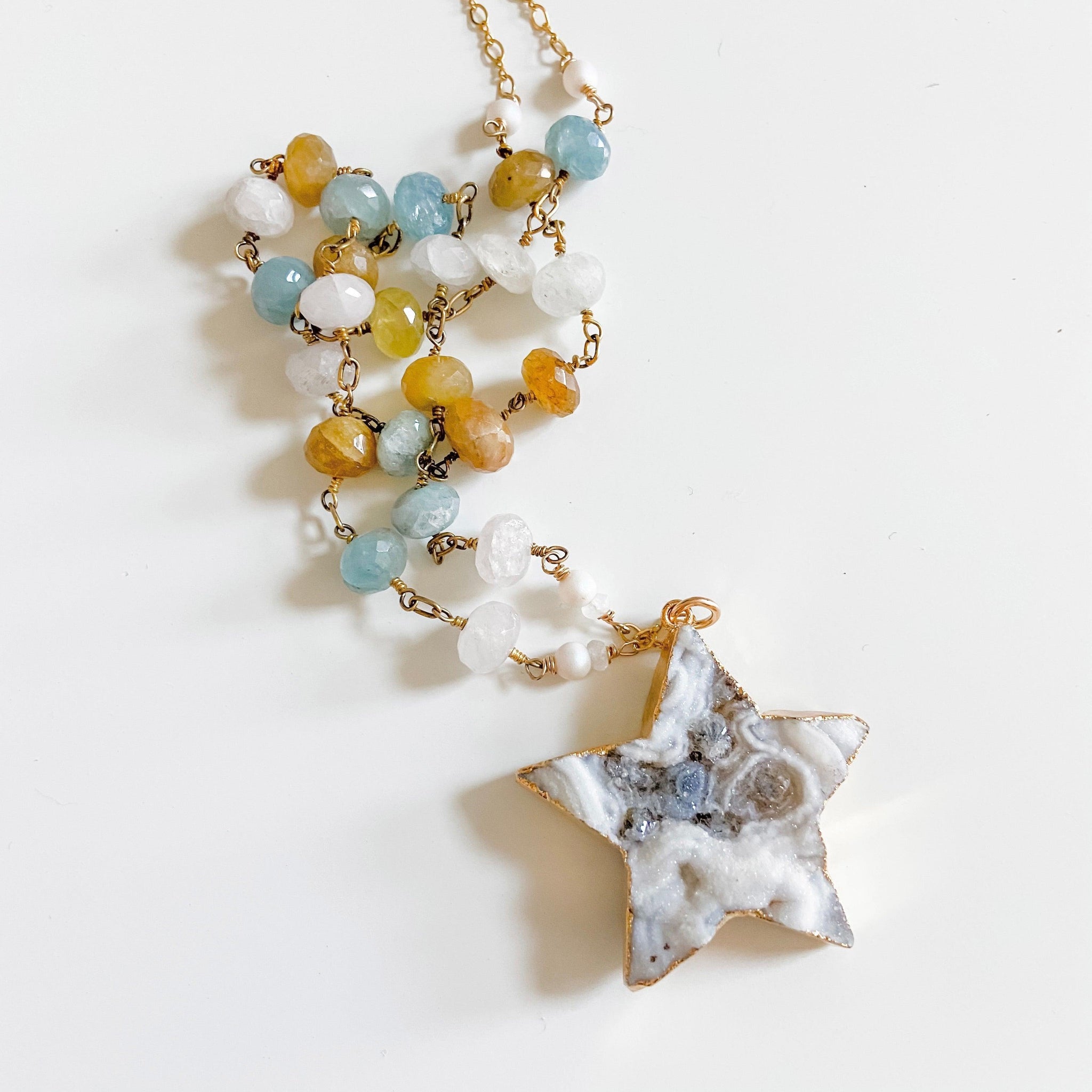 Large Druzy Quartz Star, Apatite, Sunstone and Quartz with 14K Gold Filled Necklace Uni-T Necklace