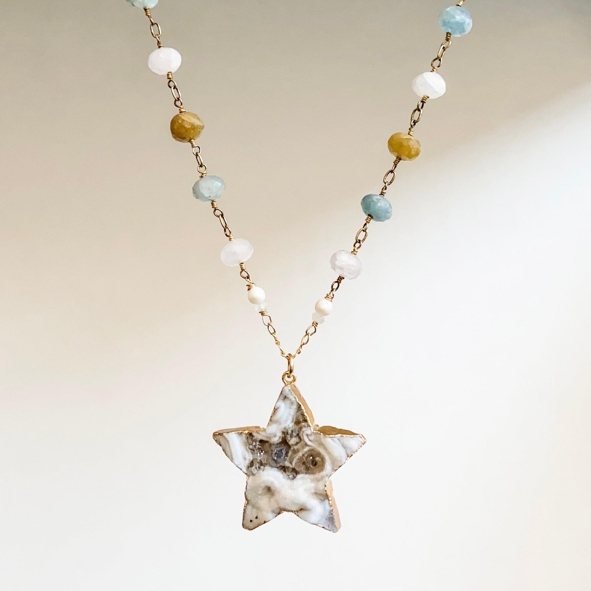 Large Druzy Quartz Star, Apatite, Sunstone and Quartz with 14K Gold Filled Necklace Uni-T Necklace