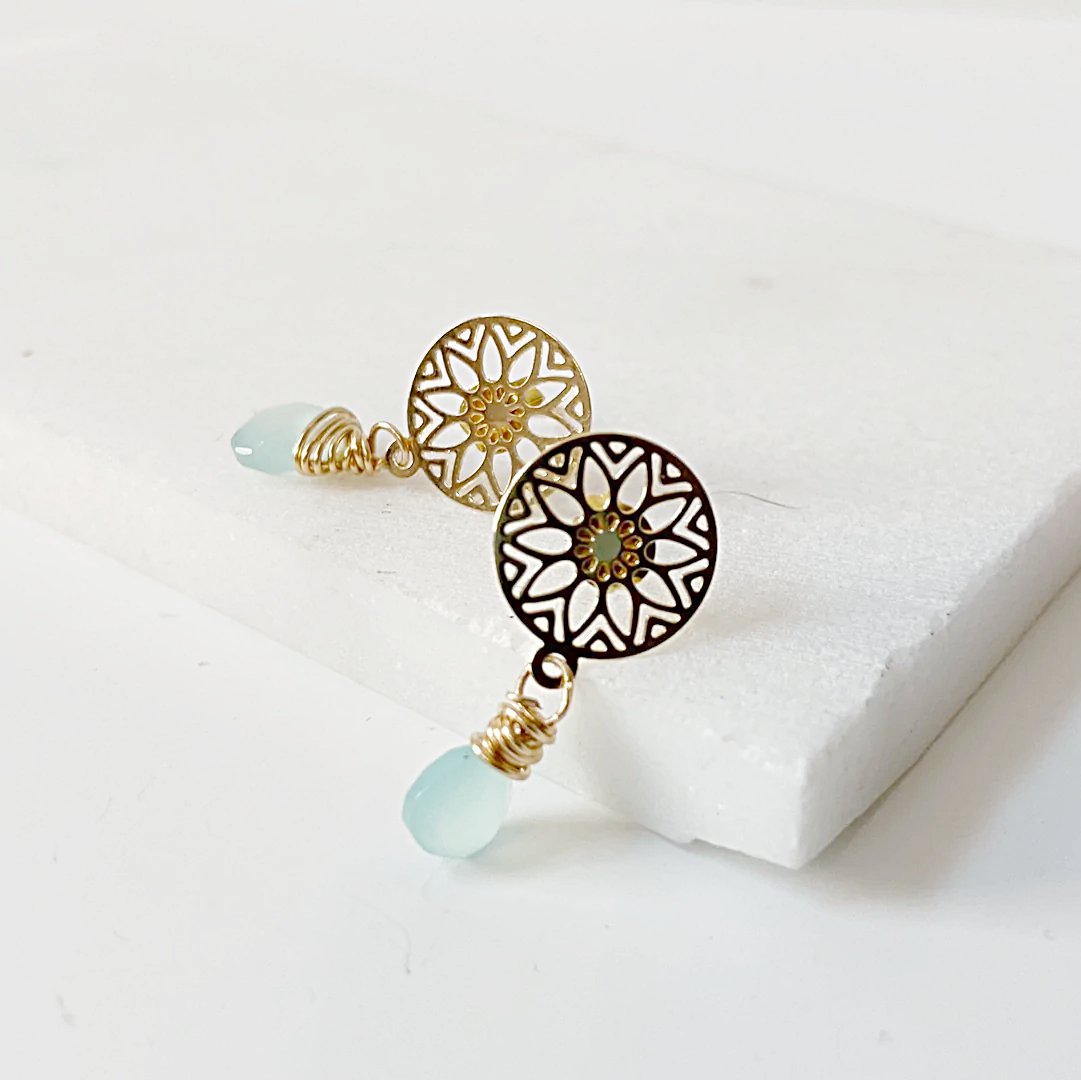 Chalcedony and Medallion Stud Earrings, Gold wrapped Gemstone Earrings, Gold Dangle Earrings Janine Gerade
