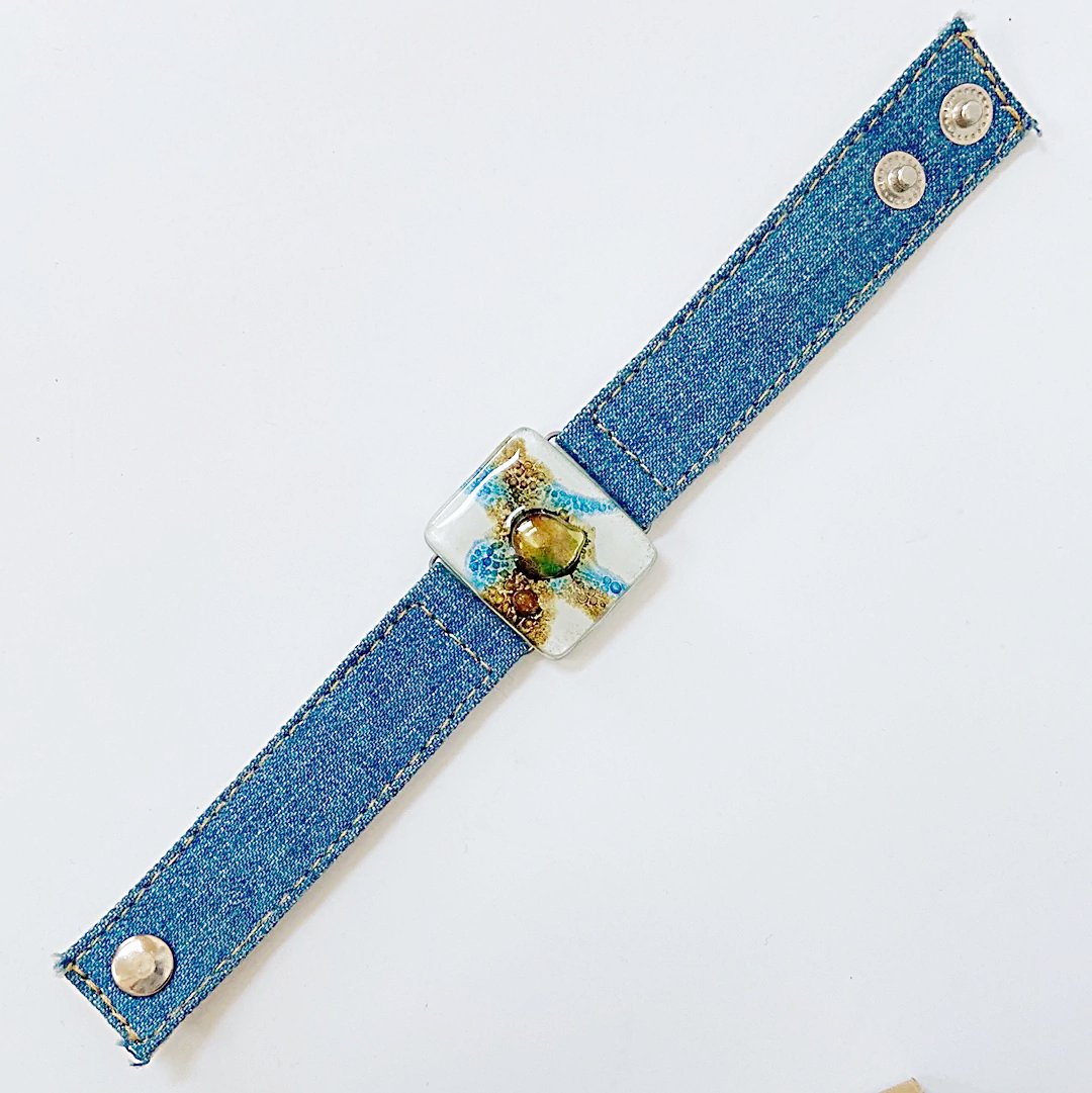Denim Cuff with Blue &amp; Gold Recycled Fused Glass - Narrow Uni-T Bracelets