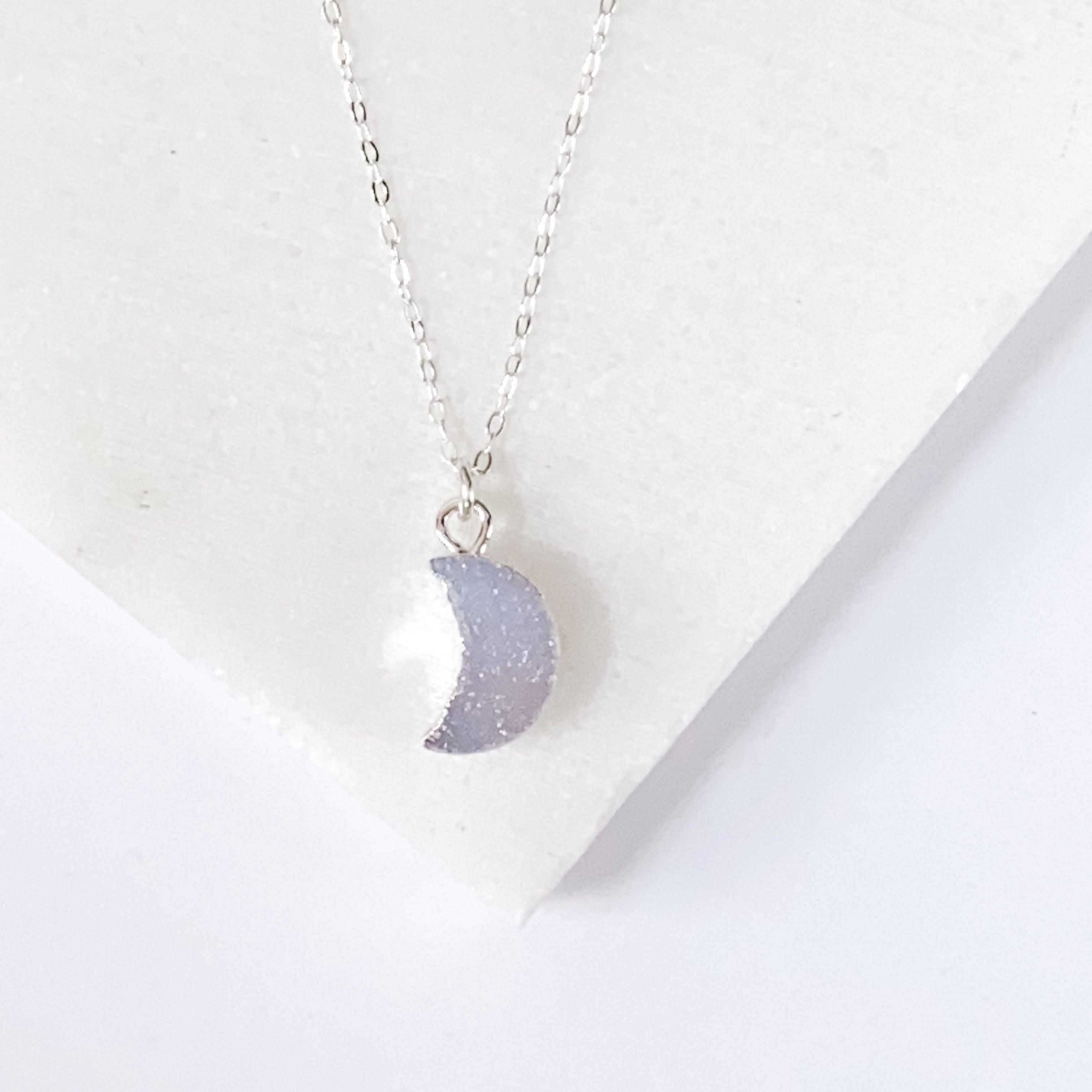 Druzy Quartz Mini Moon Pendant Necklace on Sterling Silver Chain Uni-T Necklace