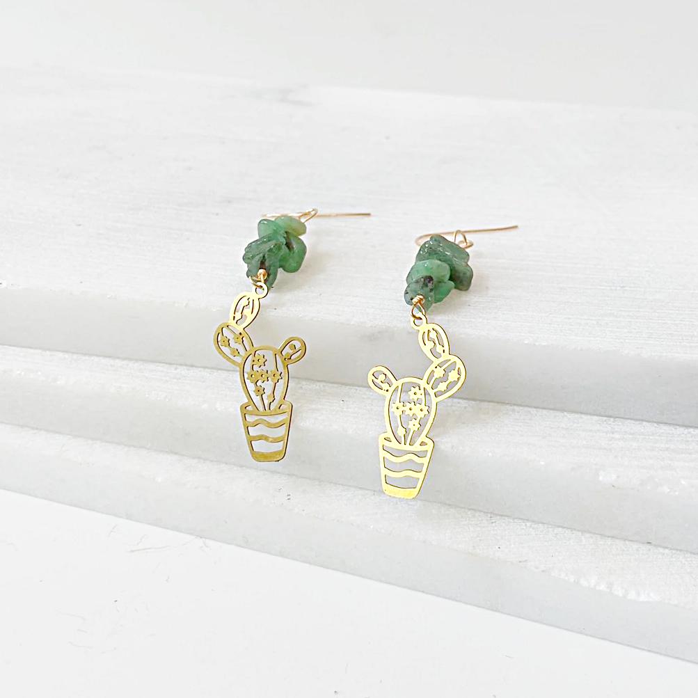 Brass Cactus Gemstone Earrings/Gemstone Earrings /Natural Gemstone, Uni-T Janine Gerade