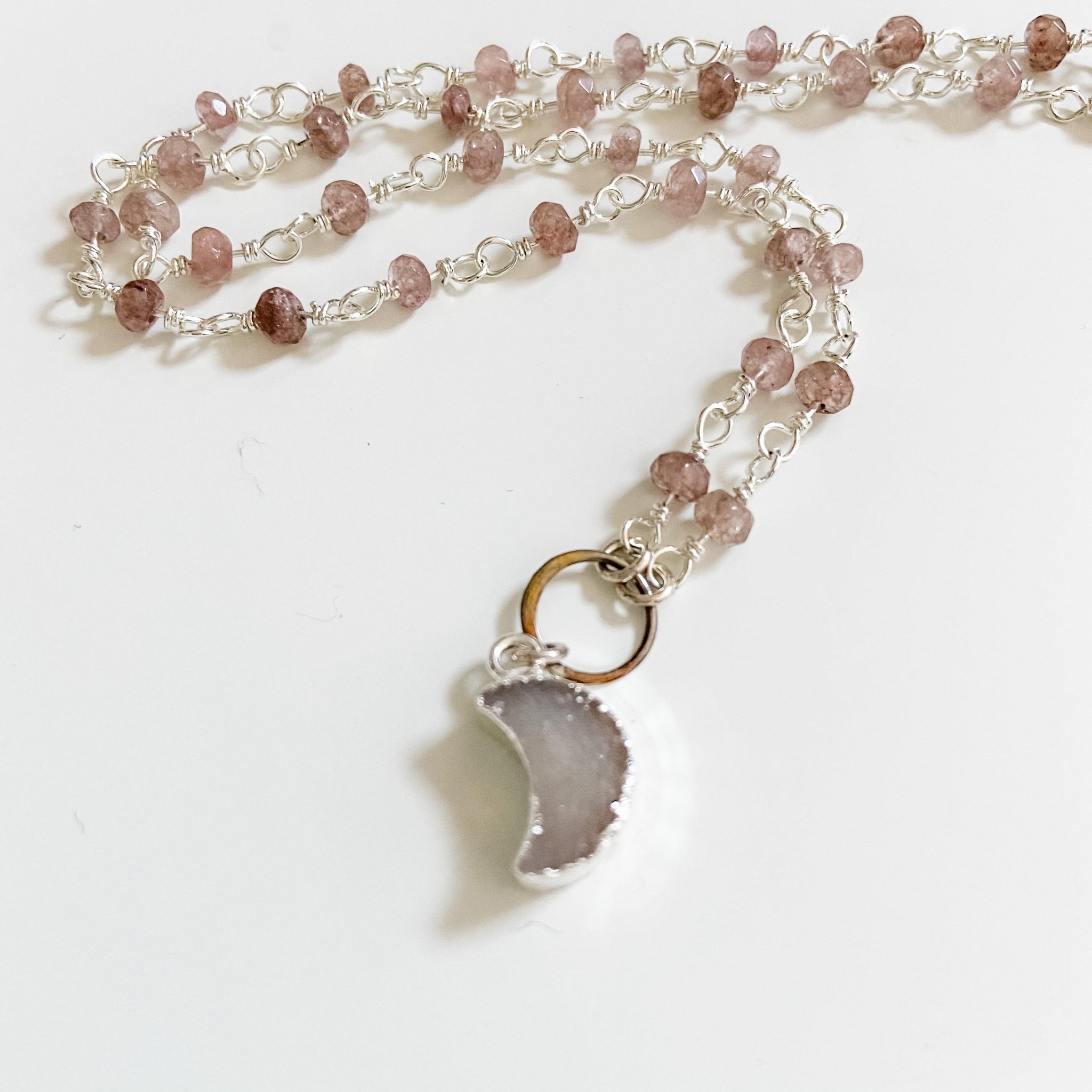 Druzy Quartz Mini Moon and Chocolate Moonstone with Sterling Silver Circlet Necklace Uni-T Necklace