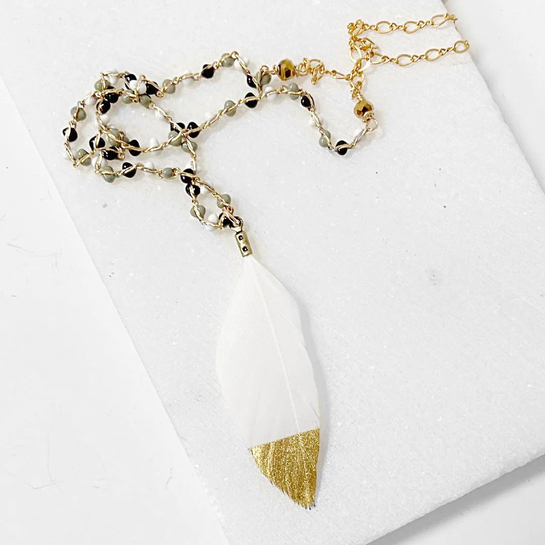 Gold Dipped Feather, Enamel Dot 14K Gold Filled Necklace Regina McGearty