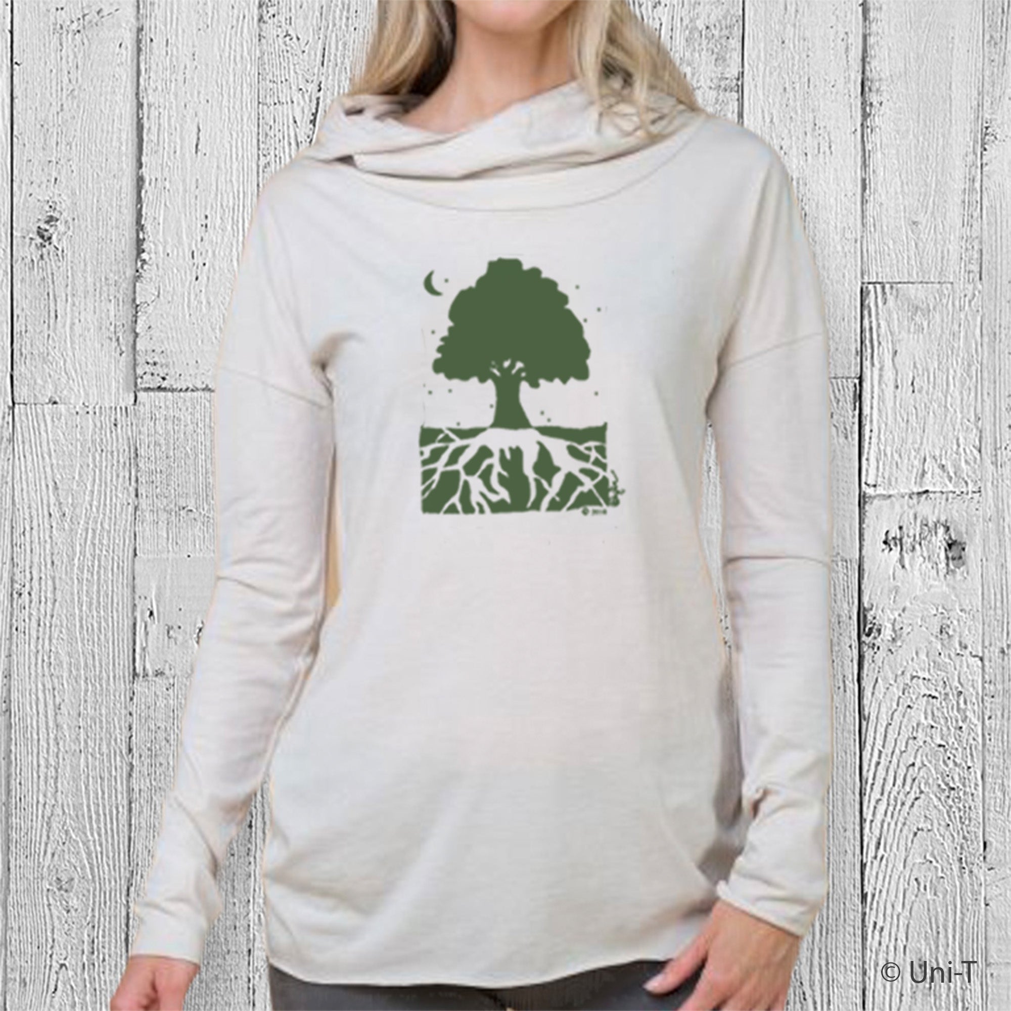 Tree Organic Cotton Cowl Neck Yoga Hoodie, Made in USA Uni-T MSC